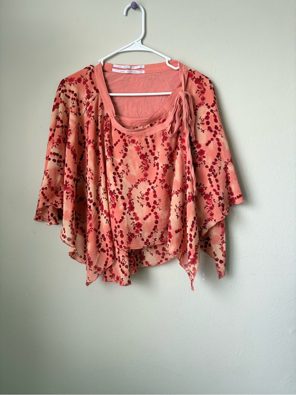 Silence + Noise Floral Open-Side Cape Top Coral Peach Layered Tie Size M